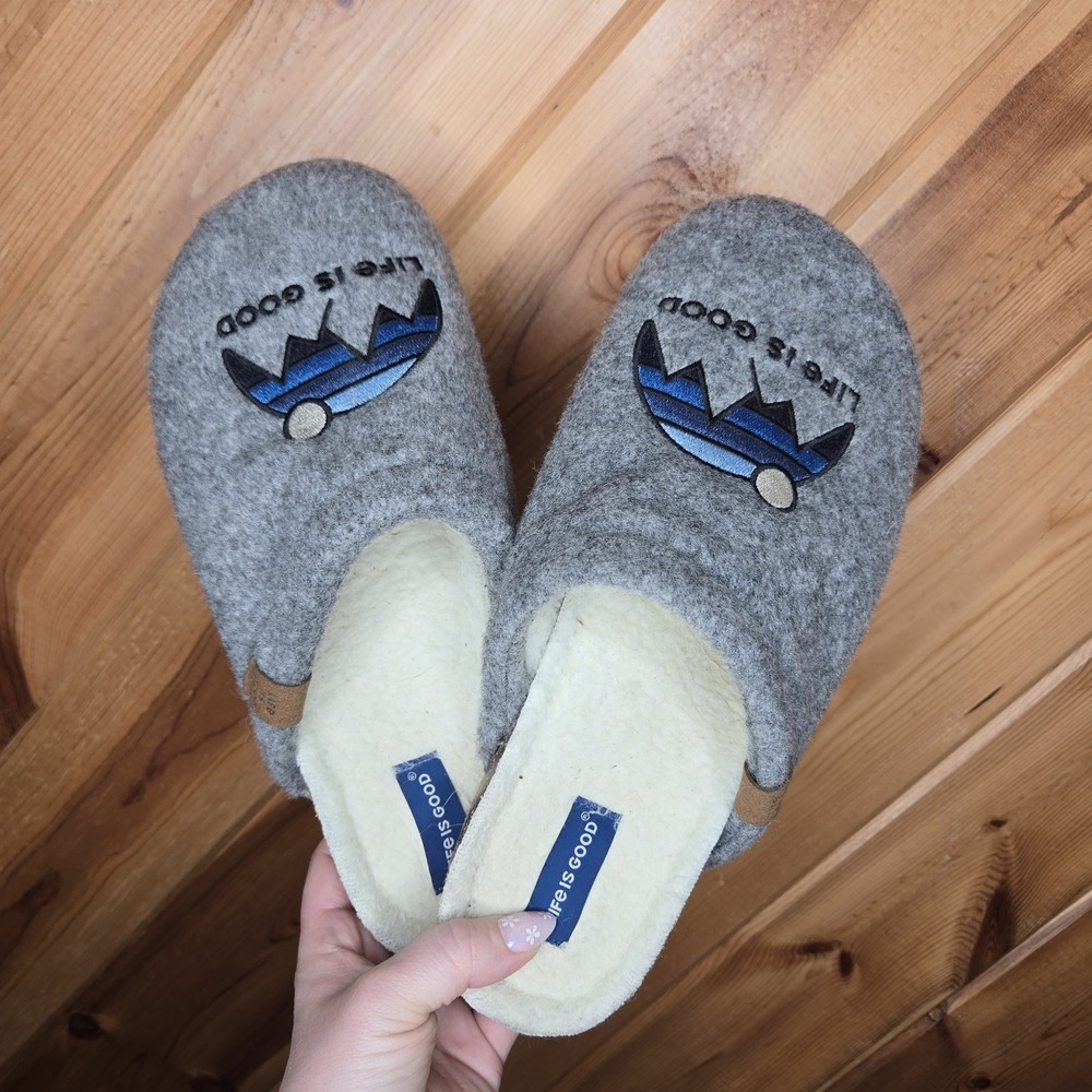 Life is Good Mens Mountain Scuff Slippers Gray Felt Faux Fur Lining Size 11M